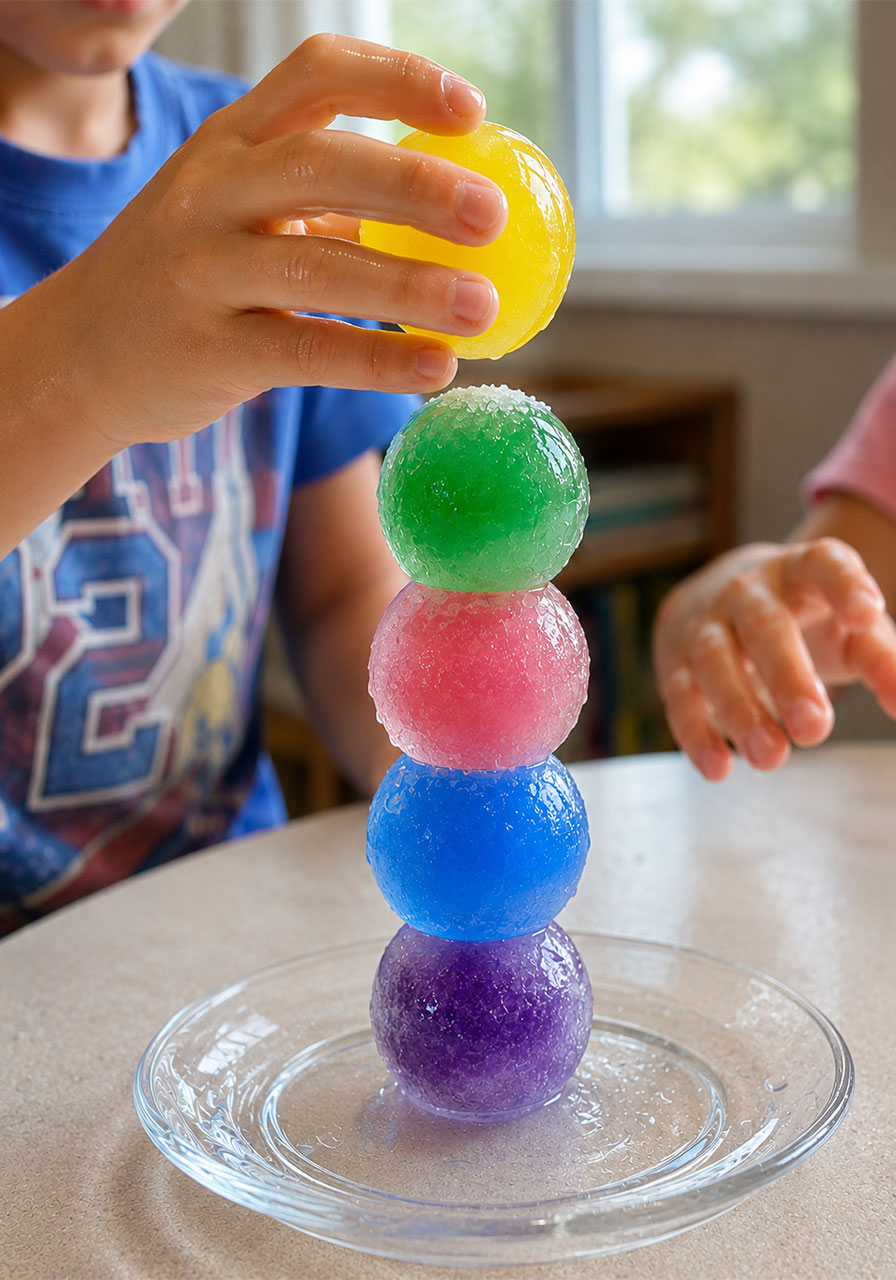 Building a tower by stacking colorful ice cubes stuck together with salt, one cube at a time