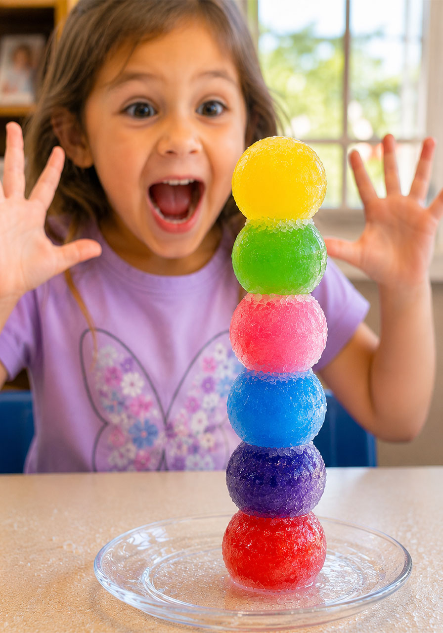 Child's excited reaction to a finished ice cube tower made with the salt and ice STEM trick