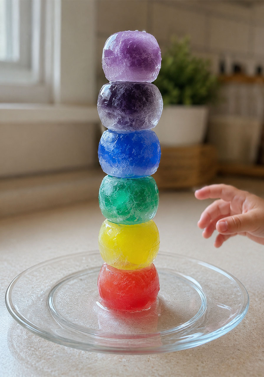 Rainbow ice cube tower made by sticking ice cubes together with salt, a STEM experiment for kids