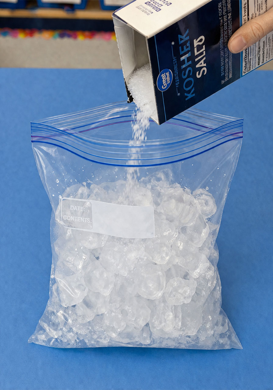Adding rock salt to ice for the ice cream in a bag freezing science experiment