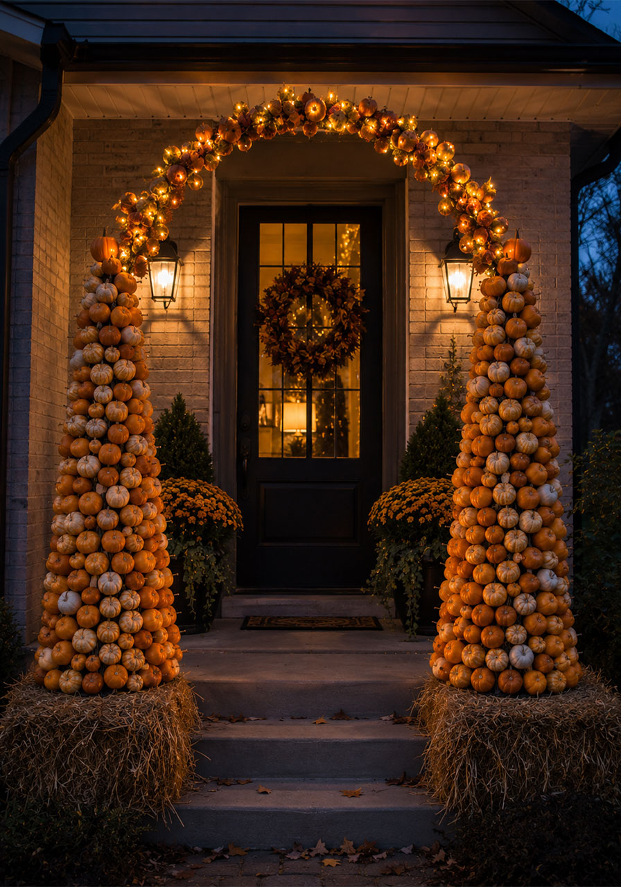 Lighted mini pumpkin topiary arch outdoor Halloween decoration