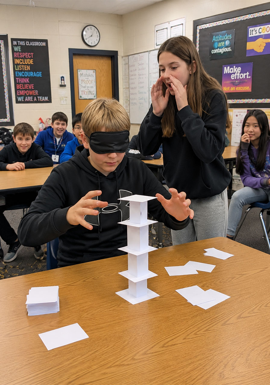 Blindfolded index card tower team-building STEM activity