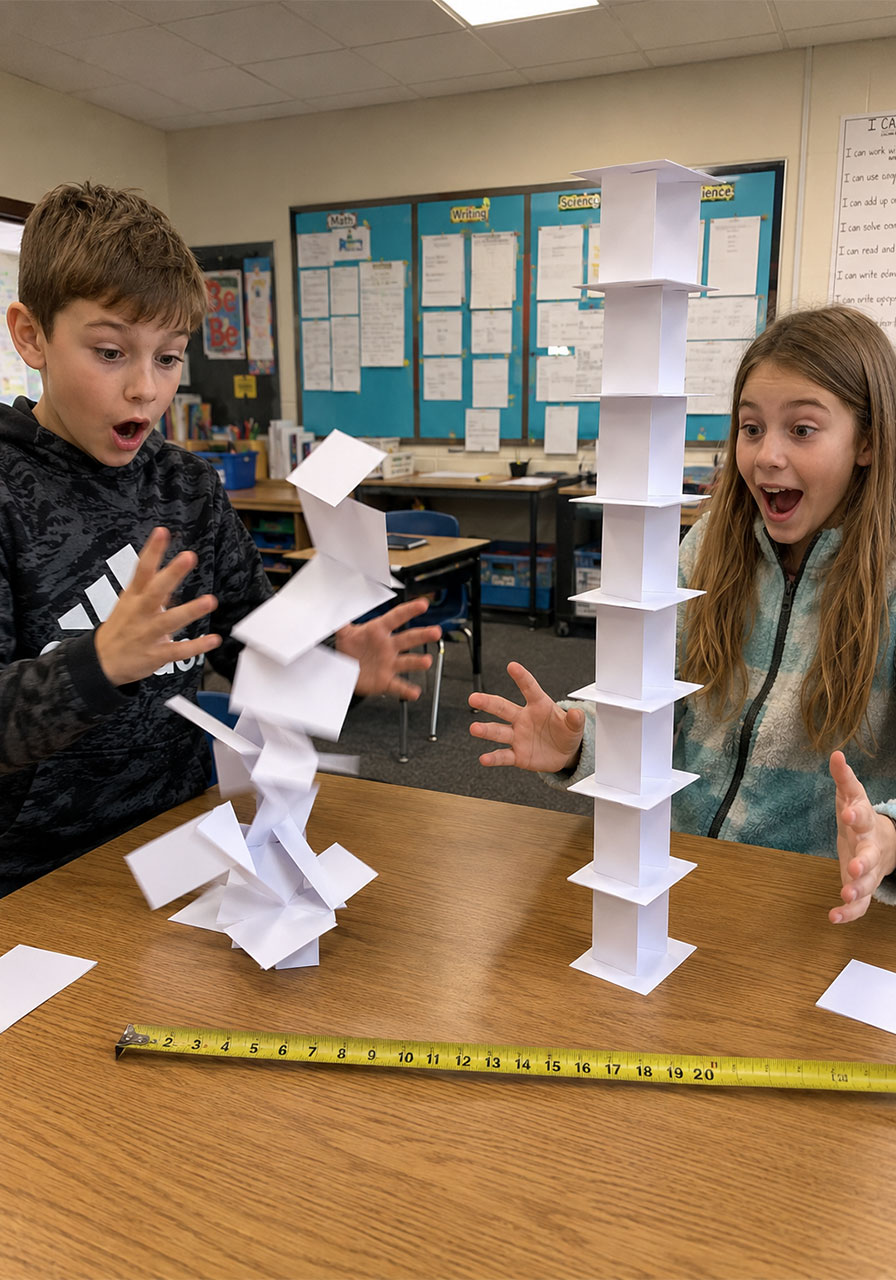 Kids competing to build the tallest index card tower in STEM class