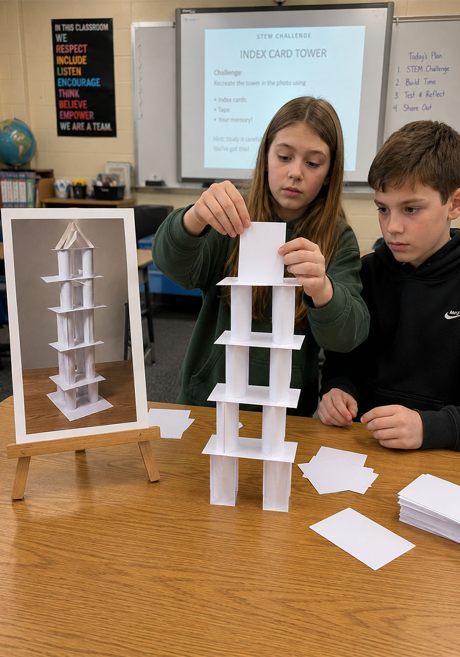 Reverse engineering memory challenge with index card towers