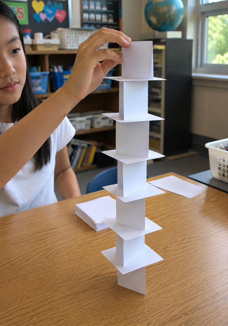 Traditional folded card stacking method for index card tower challenge