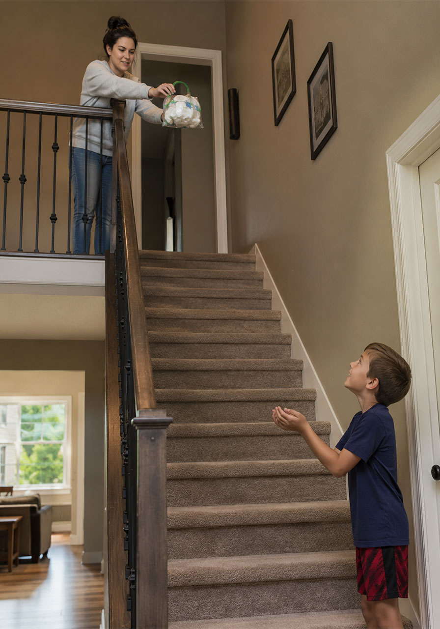 Indoor stairwell variation of the egg drop STEM challenge for at-home testing