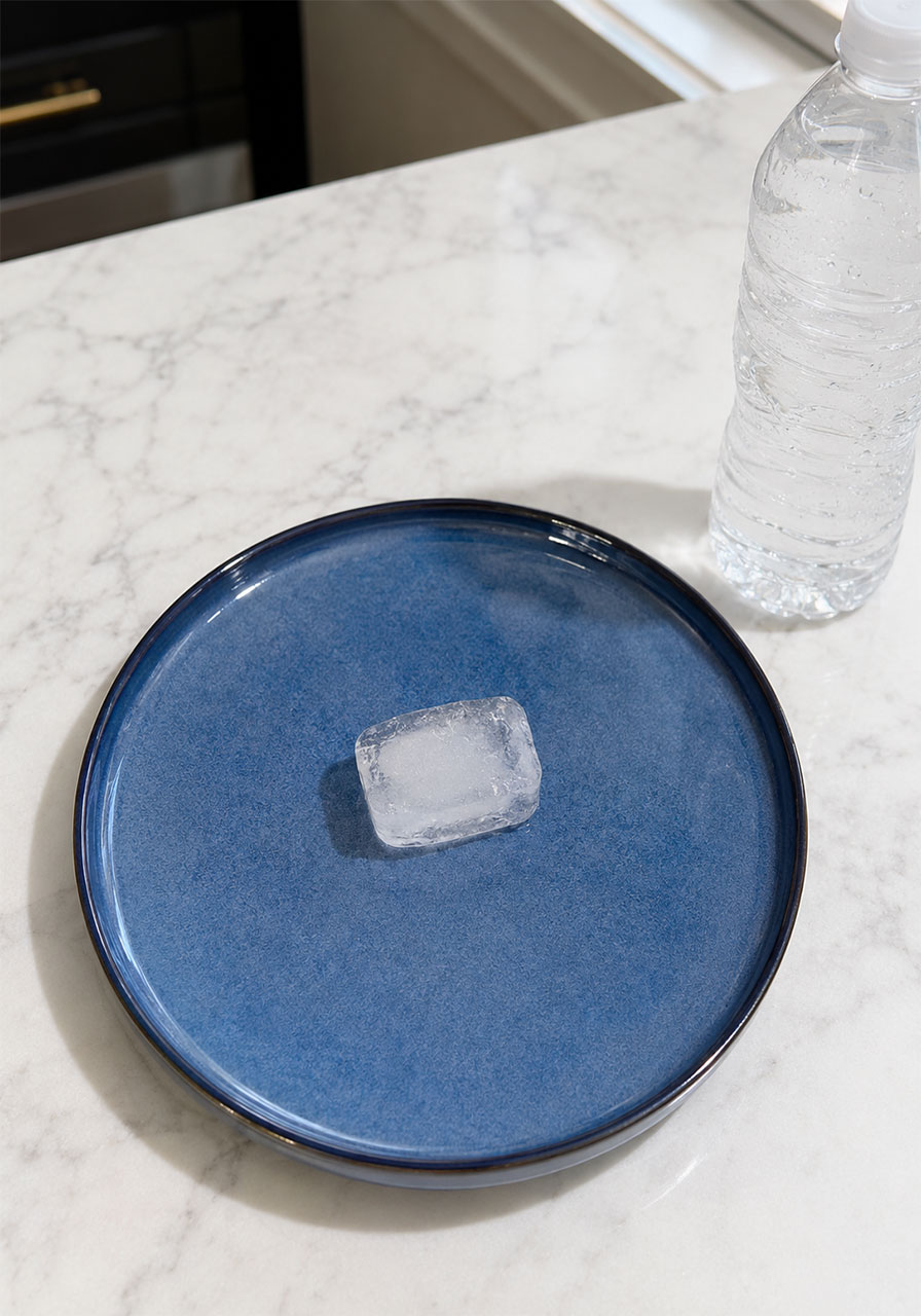 Ice cube placed on a plate as the starting point for the instant ice science experiment