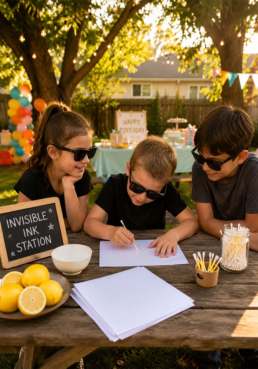 Backyard spy party idea using lemon juice invisible ink as an activity station