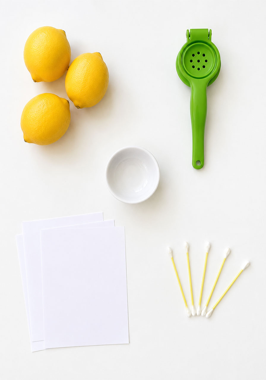 Supplies needed for lemon juice invisible ink: lemons, cotton swabs, and paper