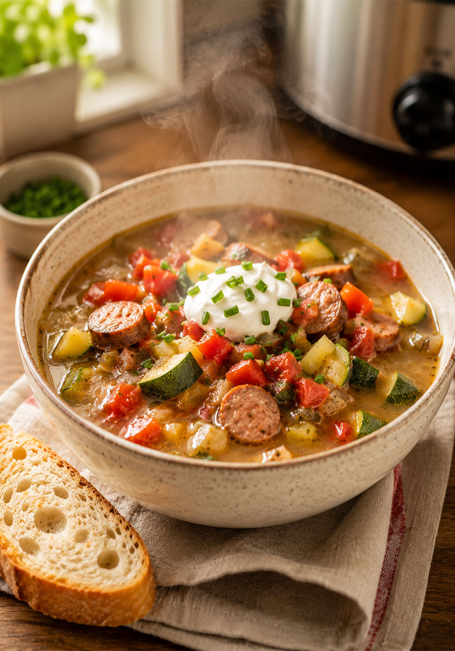 Italian summer soup made in the crockpot with zucchini and sausage