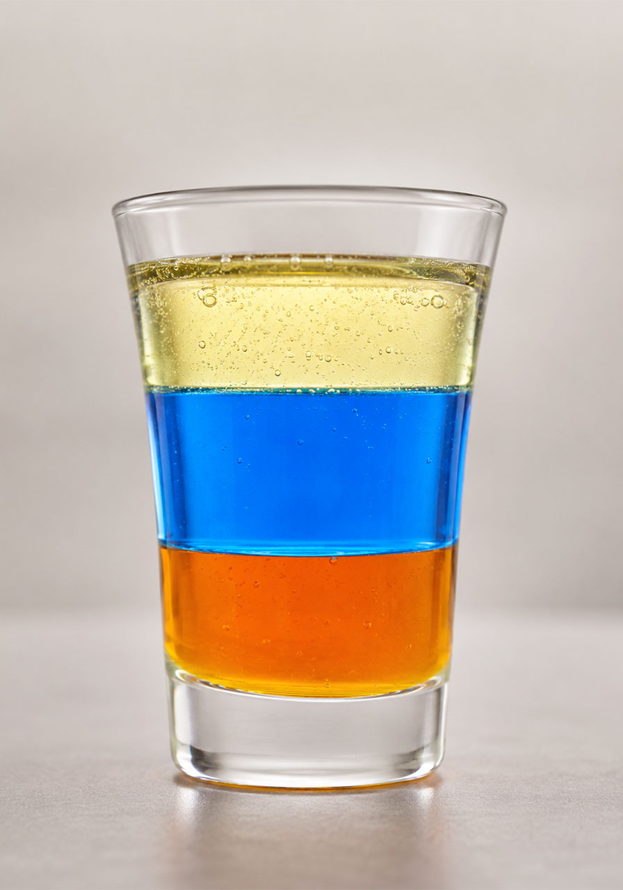 3-layer liquid density experiment with oil, water, and honey in a clear glass