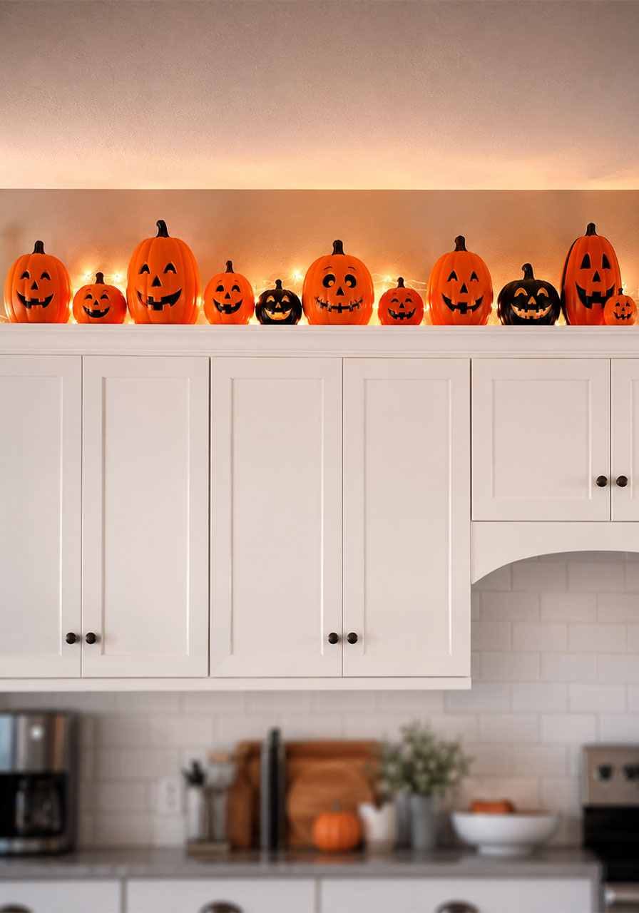 Row of orange and black jack-o-lanterns lined up above white kitchen cabinets for Halloween kitchen decor
