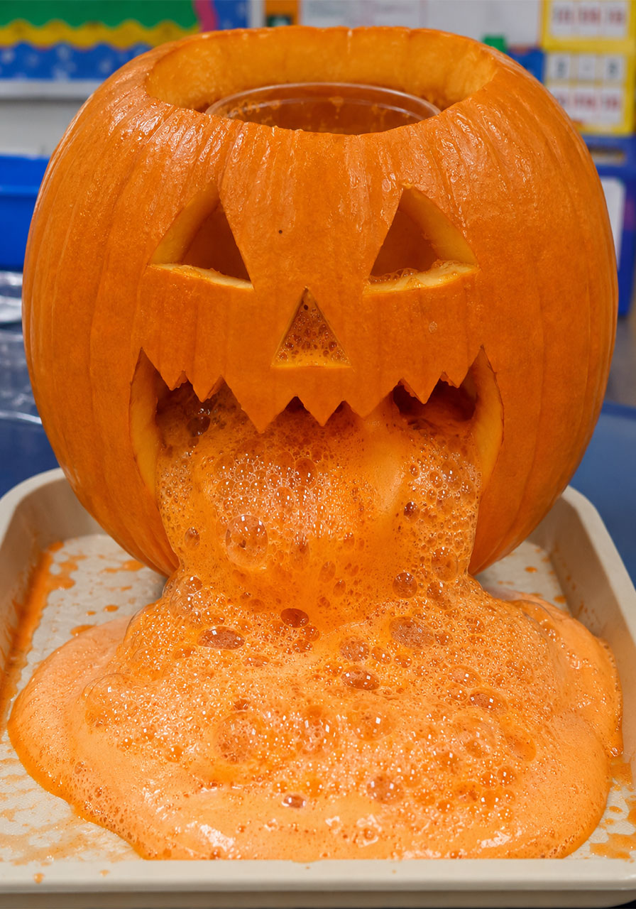 Jack-o'-lantern ideas: baking soda and vinegar eruption science experiment pumpkin for kids