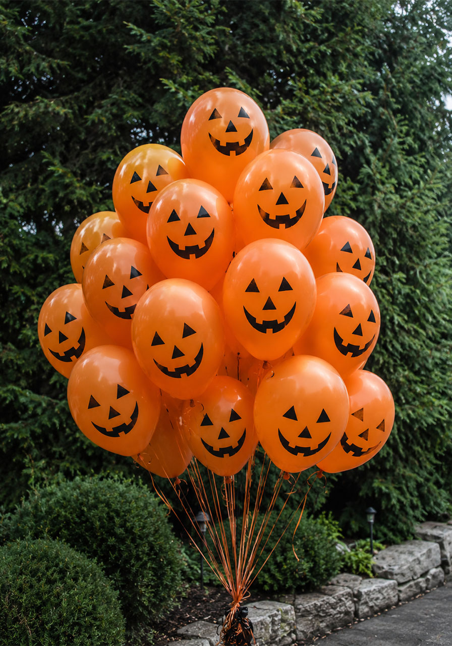 Jack-o'-lantern ideas: orange balloon cluster with jack-o'-lantern faces for Halloween parties