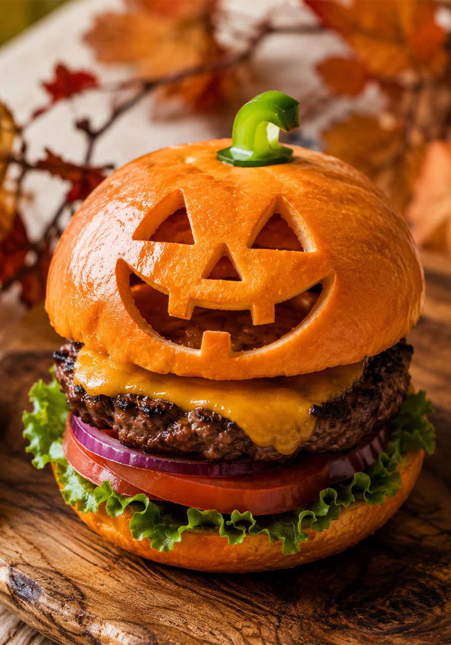 Jack-o'-lantern ideas: pumpkin-carved burger bun for a savory Halloween cookout