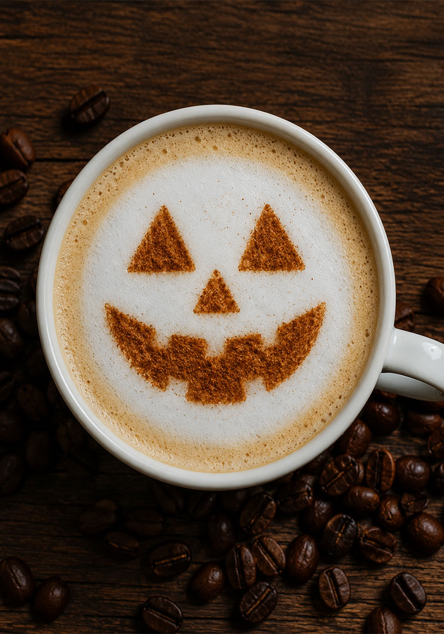 Jack-o'-lantern ideas: cinnamon stencil pumpkin face latte art for Halloween coffee