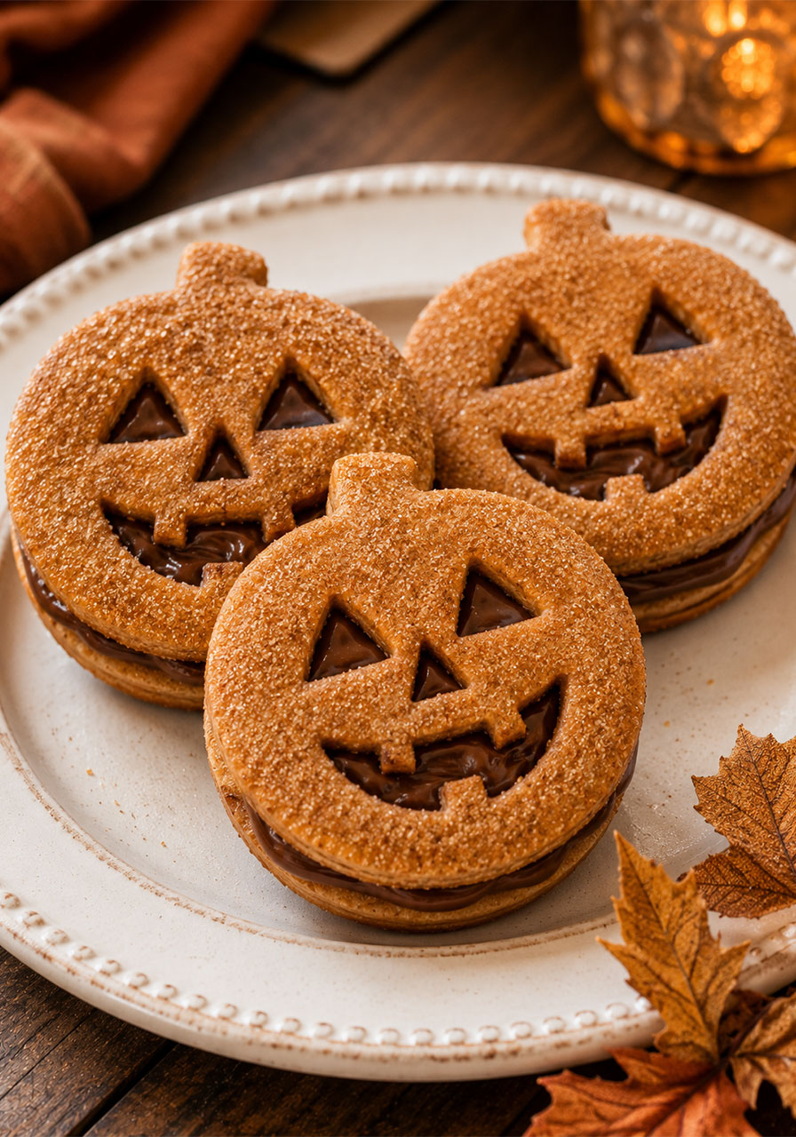Jack-o'-lantern ideas: pumpkin cookie sandwiches with chocolate filling for Halloween treats
