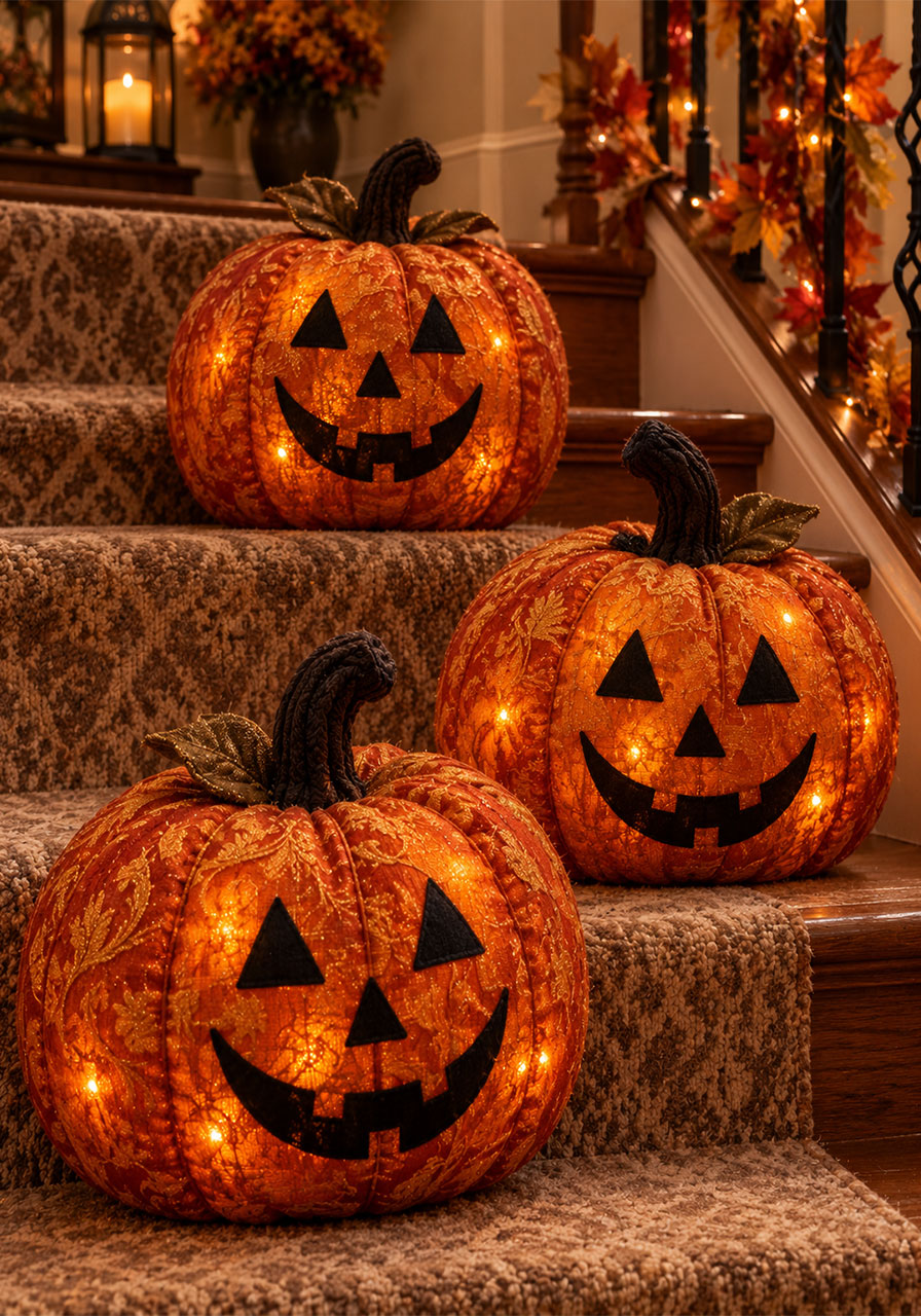 Jack-o'-lantern ideas: soft glowing fabric pumpkin lanterns for indoor Halloween decor