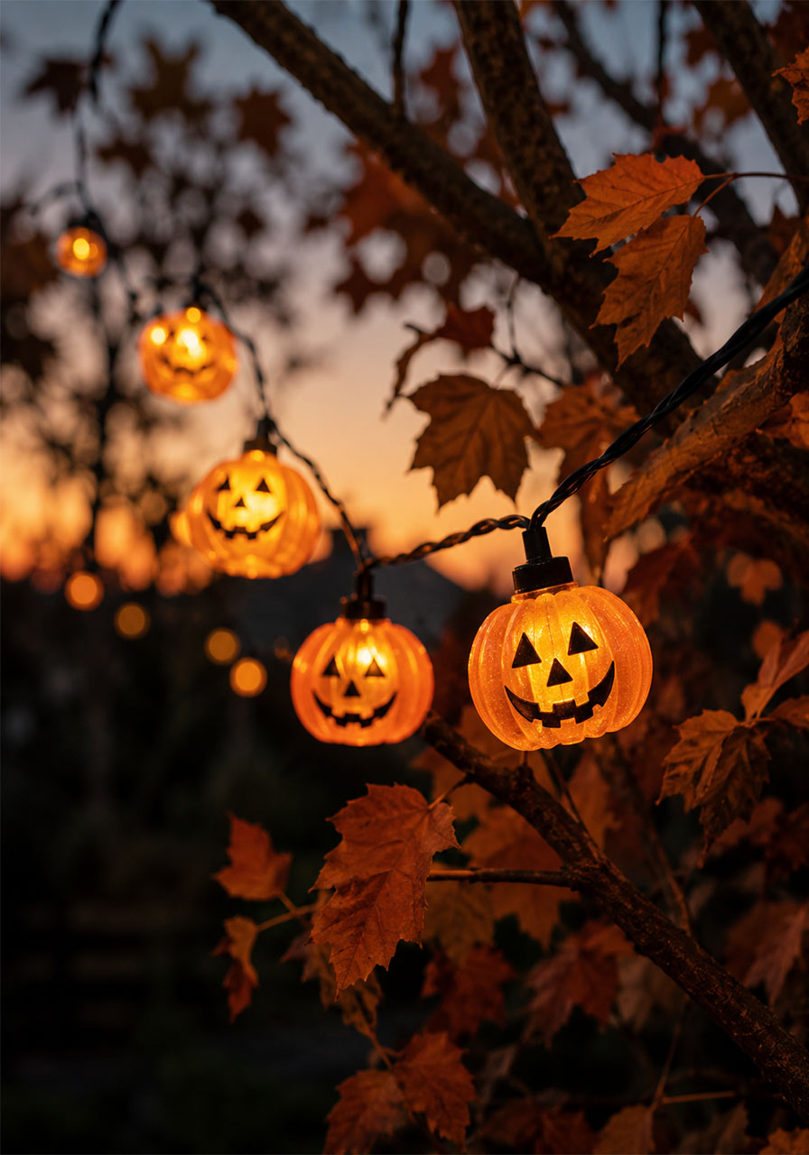 Jack-o'-lantern ideas: pumpkin-shaped fairy string lights for outdoor Halloween decor