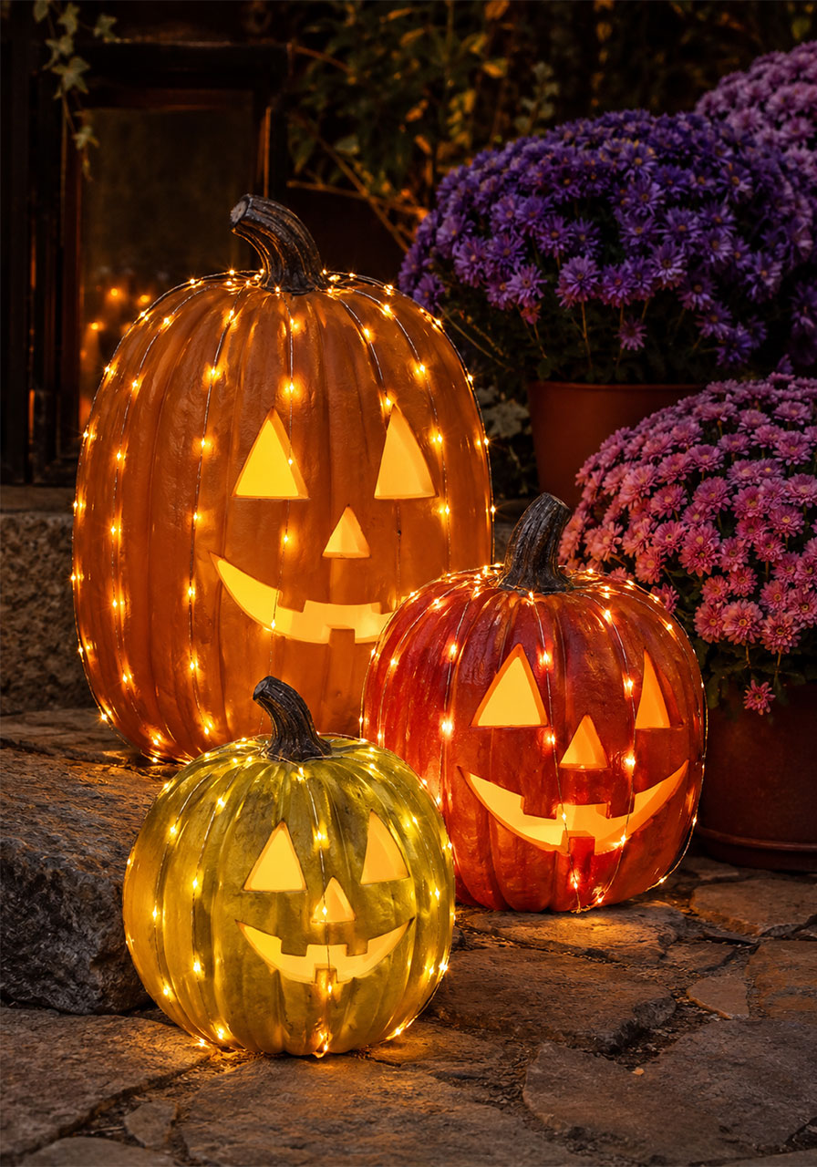 Jack-o'-lantern ideas: pumpkins wrapped in sparkling fairy lights for Halloween night