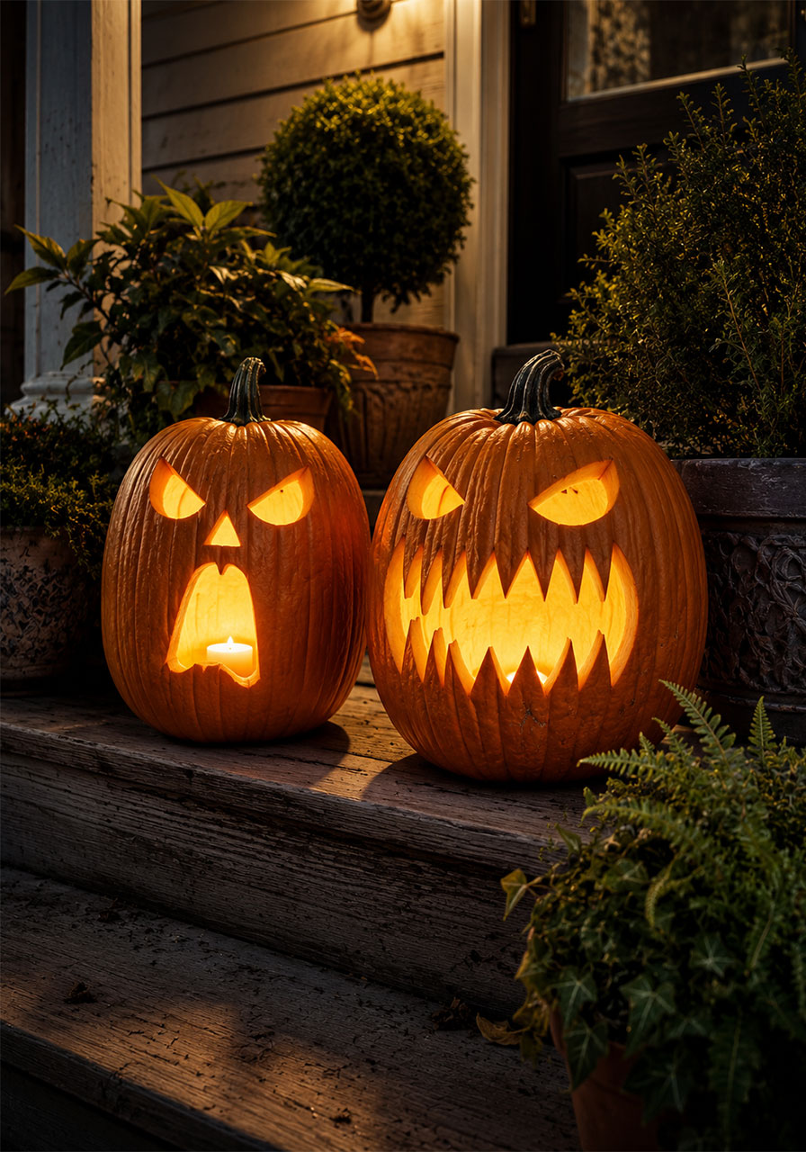 Jack-o'-lantern ideas: fierce scary carved pumpkin faces for a Halloween porch display