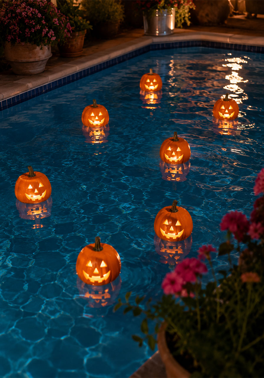 Jack-o'-lantern ideas: glowing floating pumpkin lanterns for a Halloween pool party