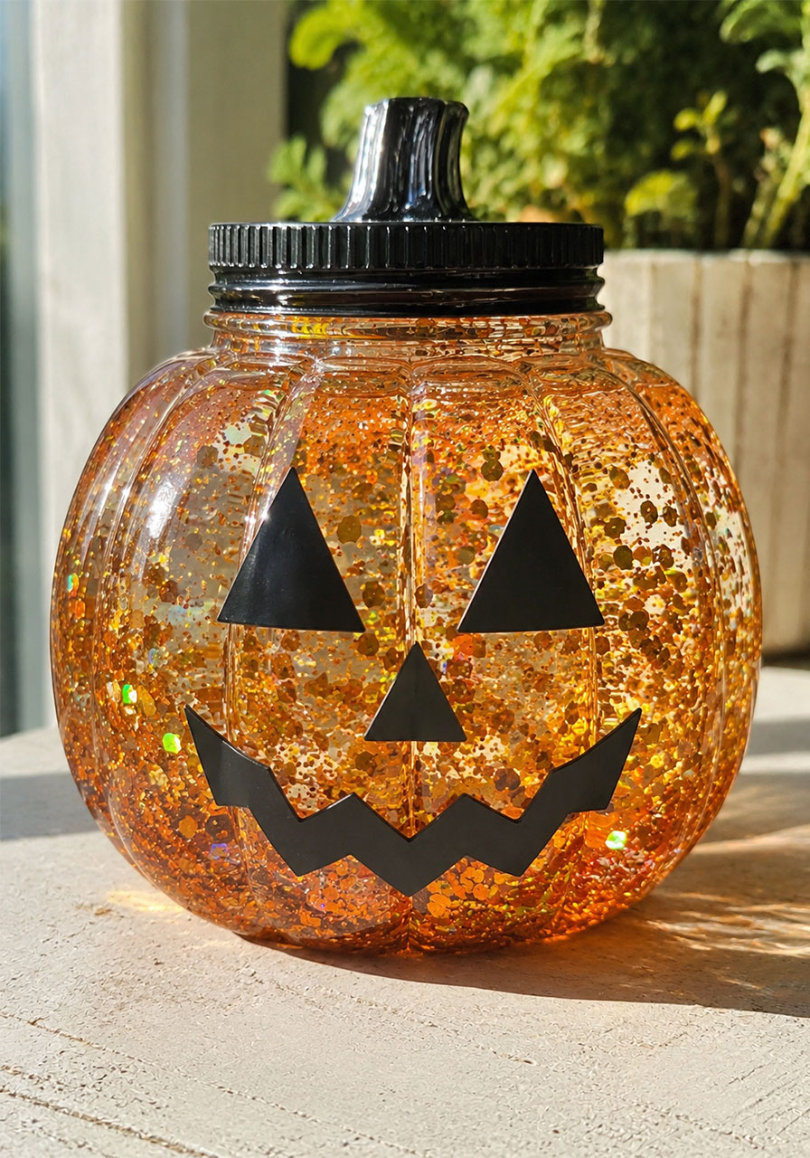 Jack-o'-lantern ideas: sparkling glitter-filled pumpkin lantern jar, no-carve Halloween decor