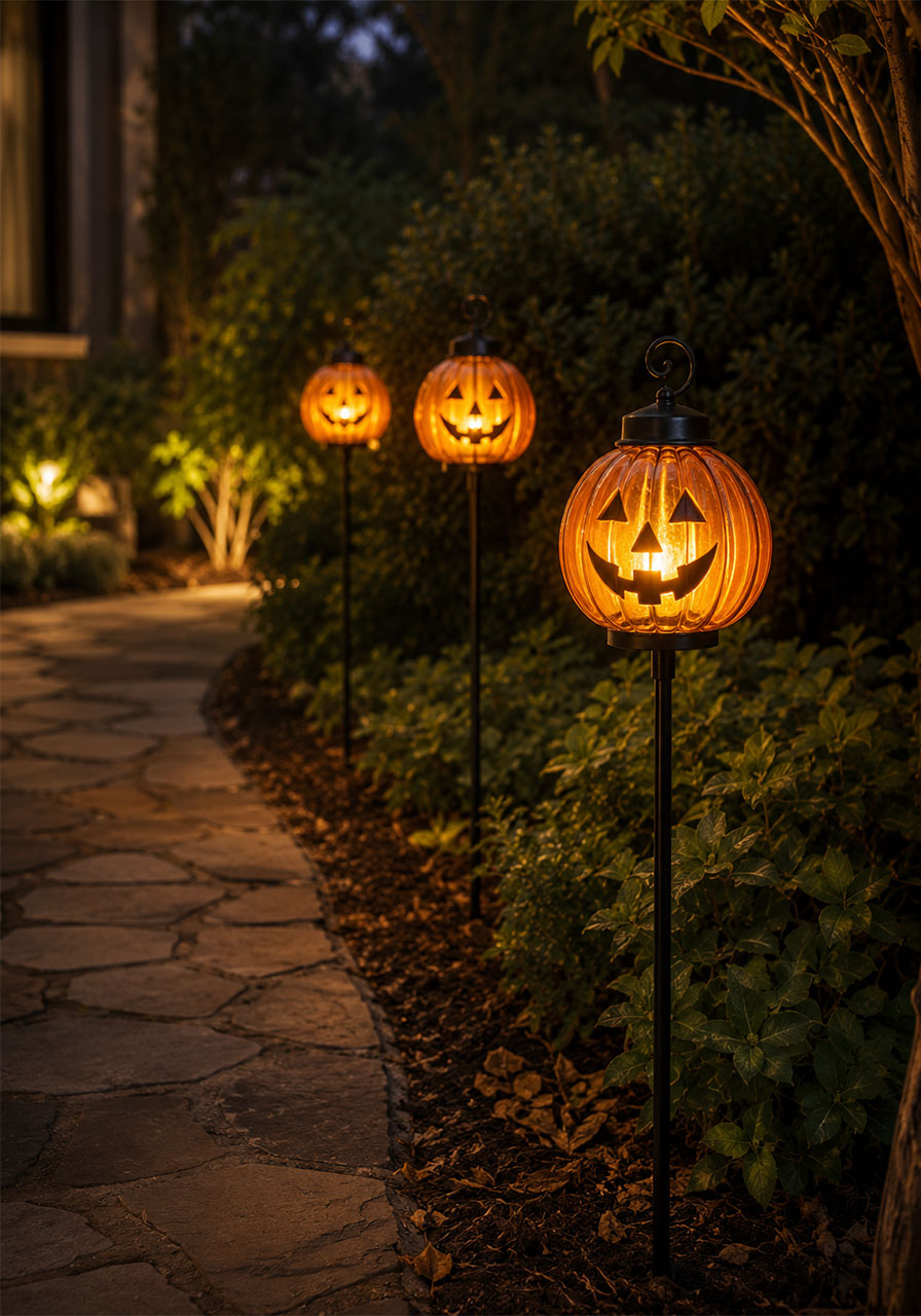Jack-o'-lantern ideas: glowing pumpkin lantern stakes lining a Halloween garden path
