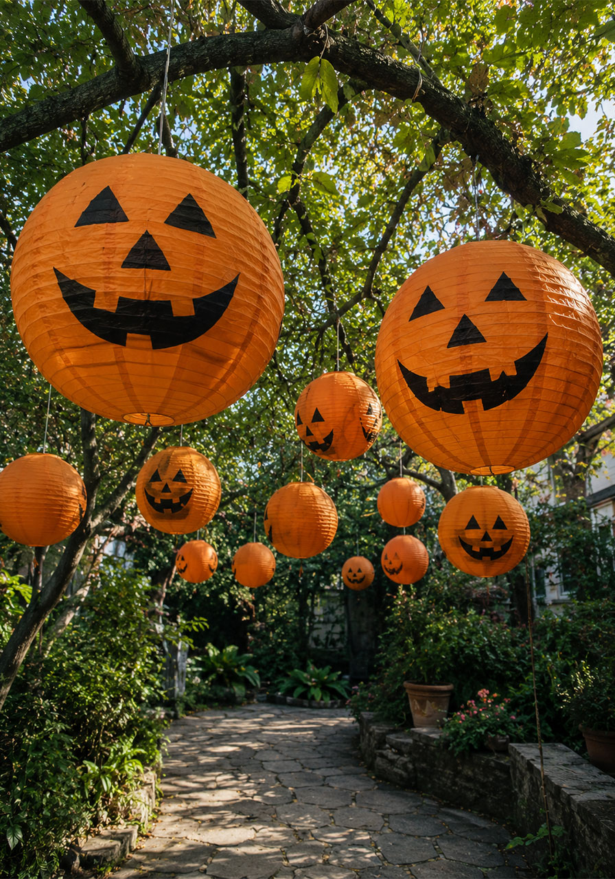 Jack-o'-lantern ideas: hanging orange paper lanterns painted with Halloween faces
