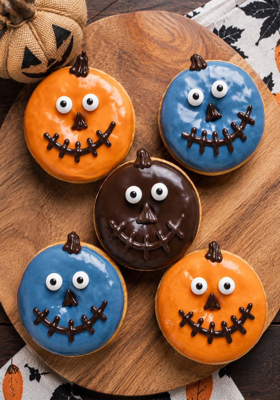 Jack-o'-lantern ideas: decorated Halloween donuts with candy eyes and icing faces