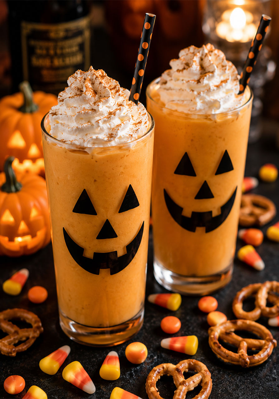 Jack-o'-lantern ideas: orange Halloween drinks decorated with jack-o'-lantern face stickers