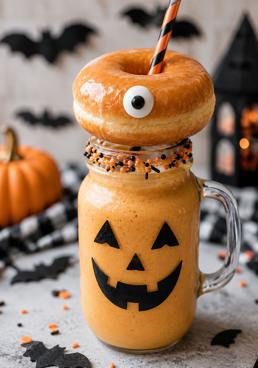 Jack-o'-lantern ideas: Halloween milkshake in a pumpkin face jar topped with a donut