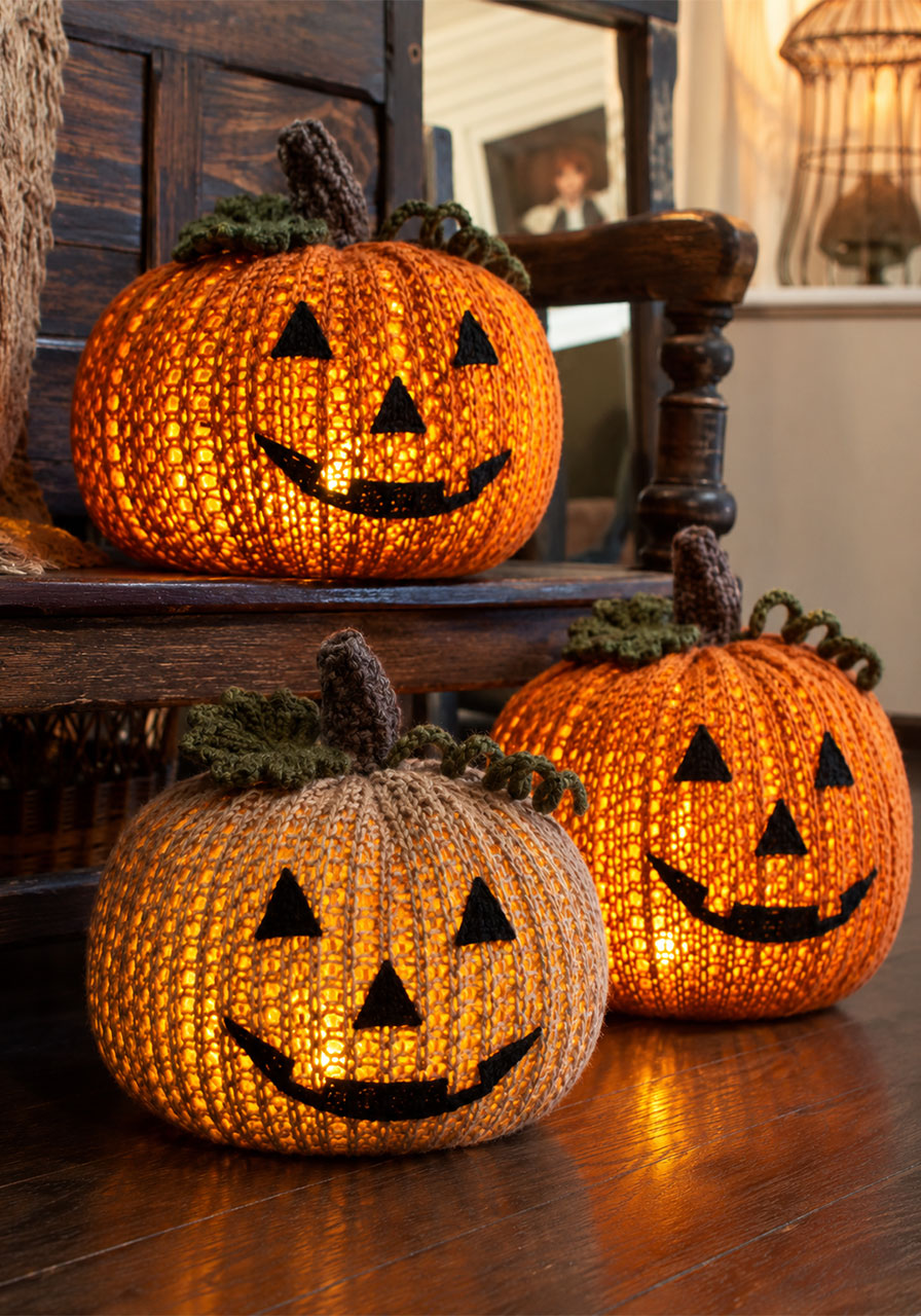 Jack-o'-lantern ideas: cozy knitted glowing pumpkin covers for indoor Halloween decor
