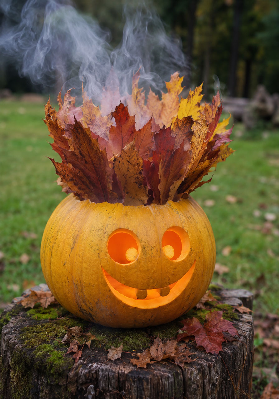 Jack-o'-lantern ideas: dramatic leaf-crowned pumpkin with smoke for Halloween display