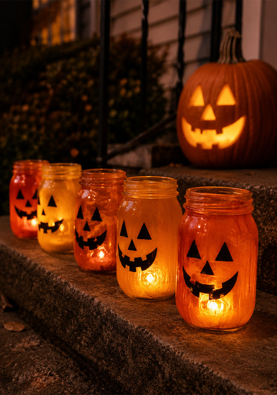 Jack-o'-lantern ideas: glowing painted mason jar lanterns lining Halloween porch steps