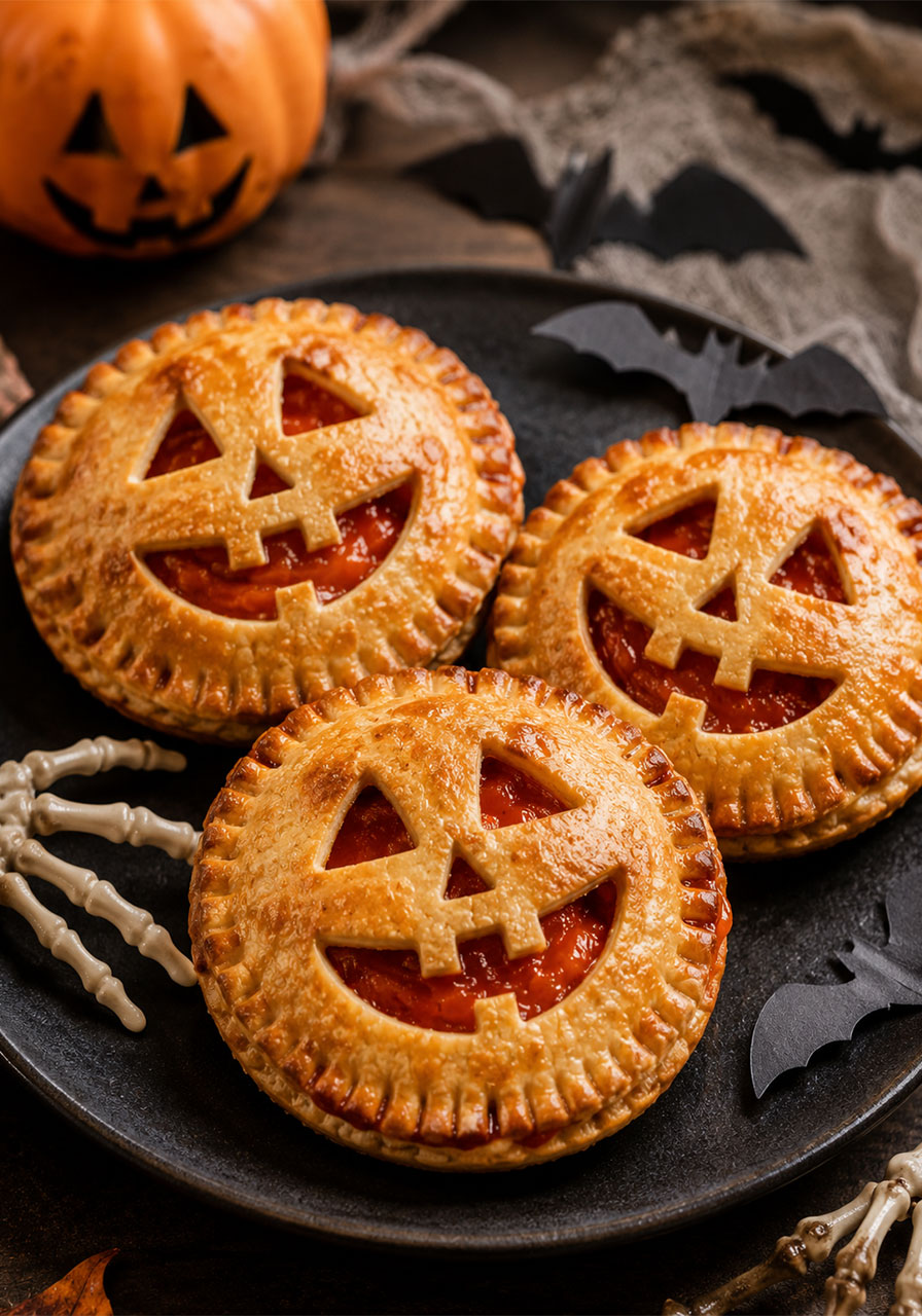 Jack-o'-lantern ideas: mini pumpkin pies with carved jack-o'-lantern crust for Halloween