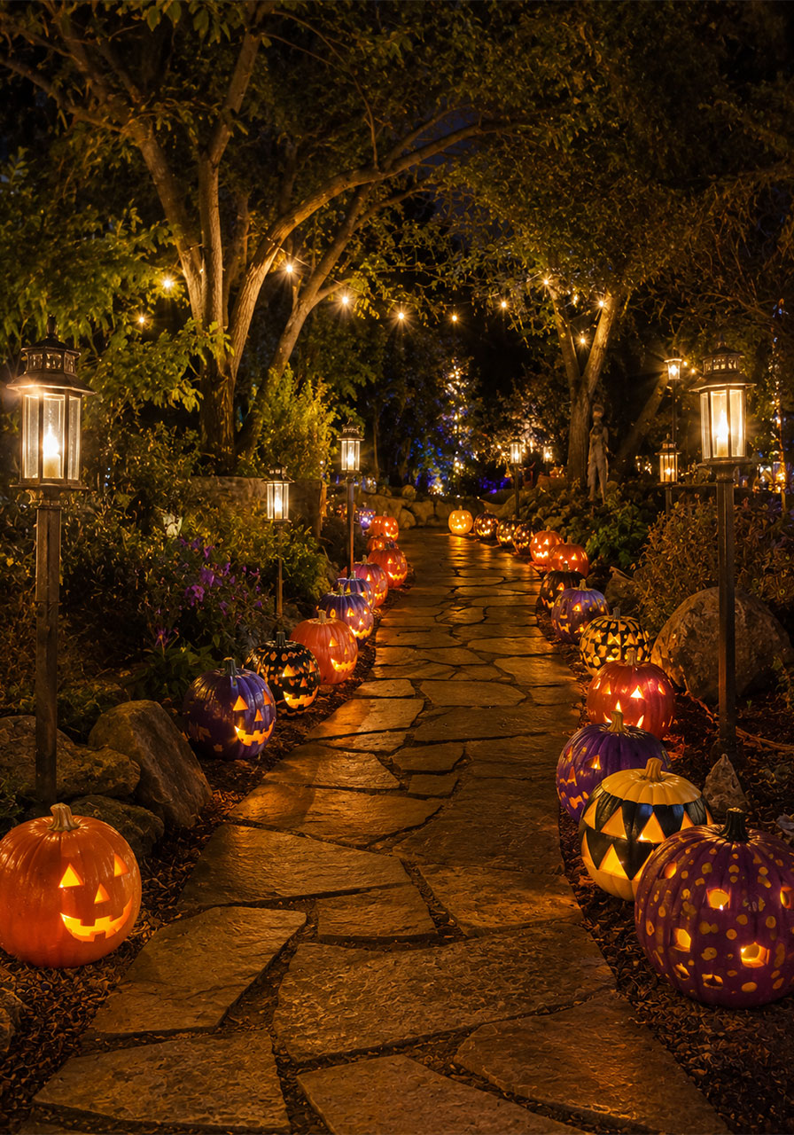 Jack-o'-lantern ideas: glowing painted pumpkin walkway for a Halloween party entrance