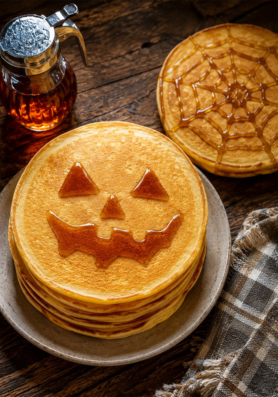 Jack-o'-lantern ideas: pumpkin face pancakes with syrup art for Halloween breakfast
