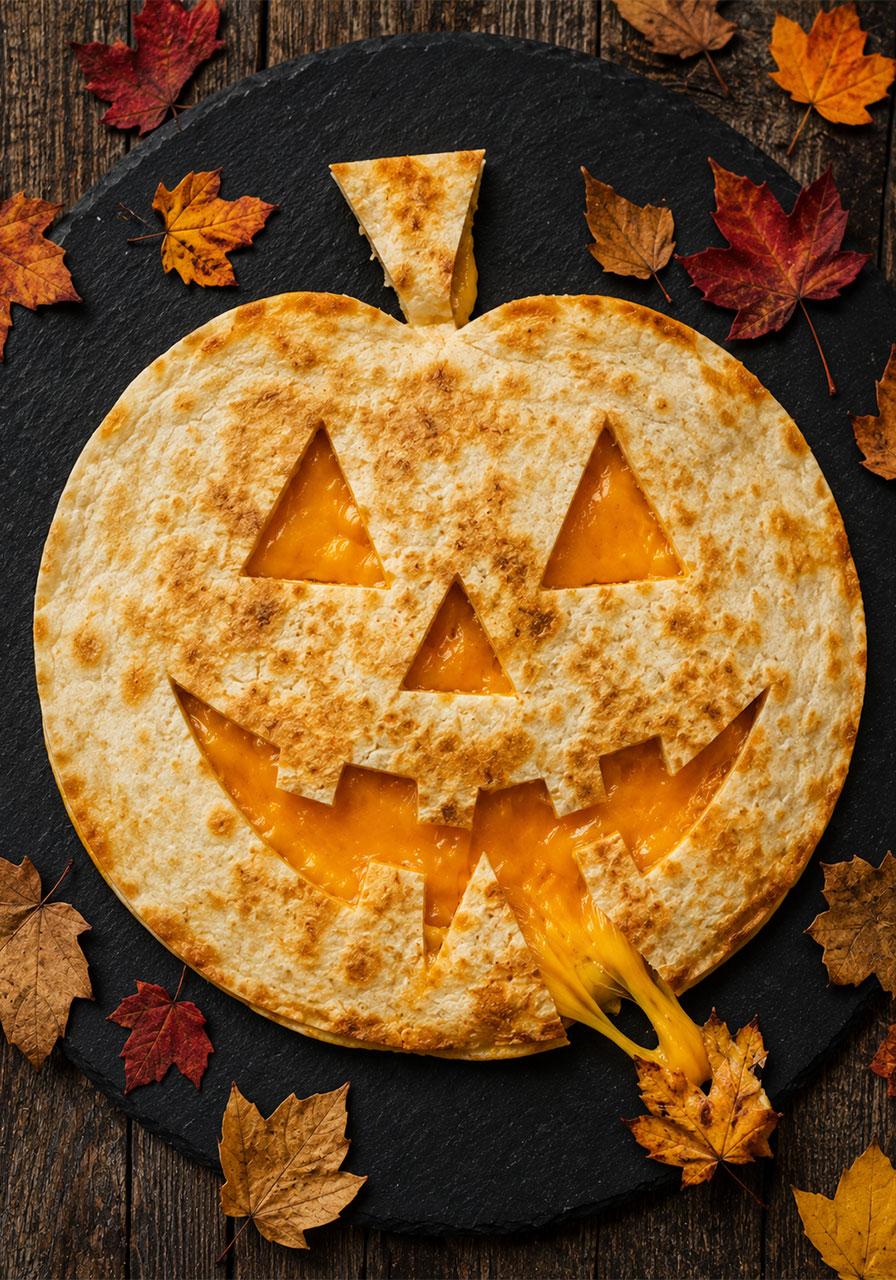 Jack-o'-lantern ideas: pumpkin-shaped quesadilla with melted cheese face for Halloween dinner