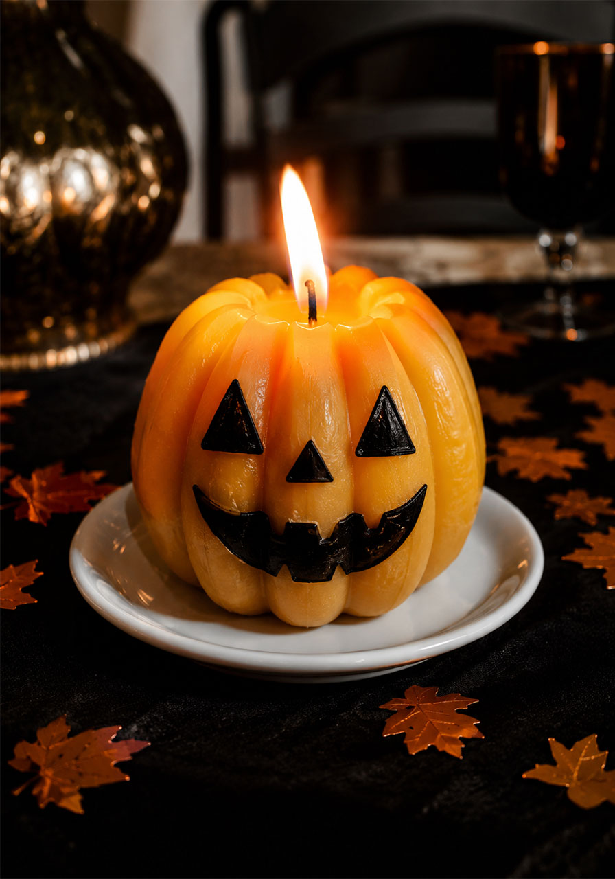 Jack-o'-lantern ideas: glowing pumpkin-shaped candle centerpiece for Halloween