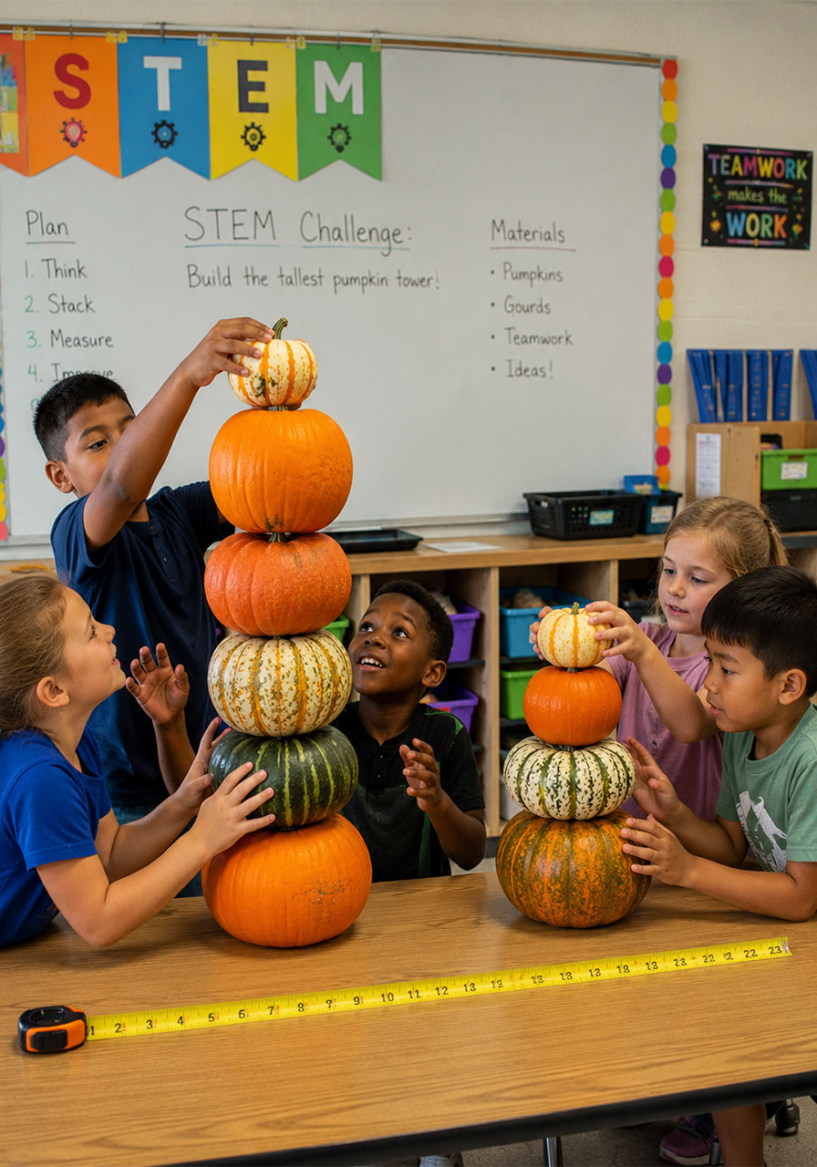 Jack-o'-lantern ideas: pumpkin stacking engineering challenge, a fun STEM activity for classrooms