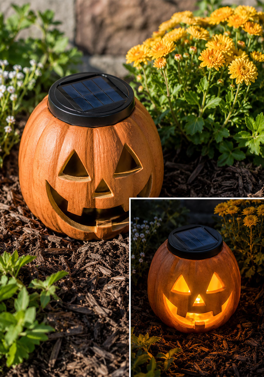 Jack-o'-lantern ideas: solar-powered glowing pumpkin for an eco-friendly Halloween display