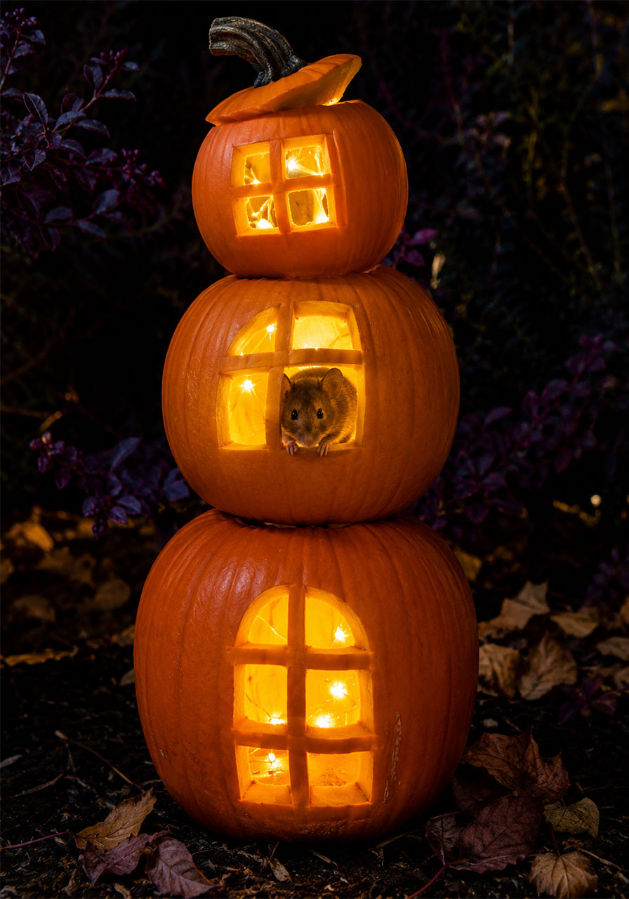 Jack-o'-lantern ideas: glowing stacked pumpkin tower lantern house for Halloween