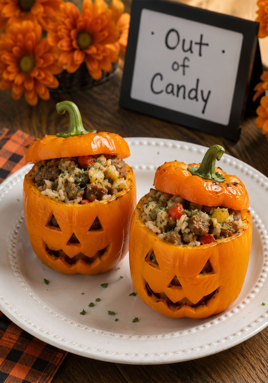 Jack-o'-lantern ideas: stuffed orange pepper jack-o'-lanterns for a healthy Halloween dinner