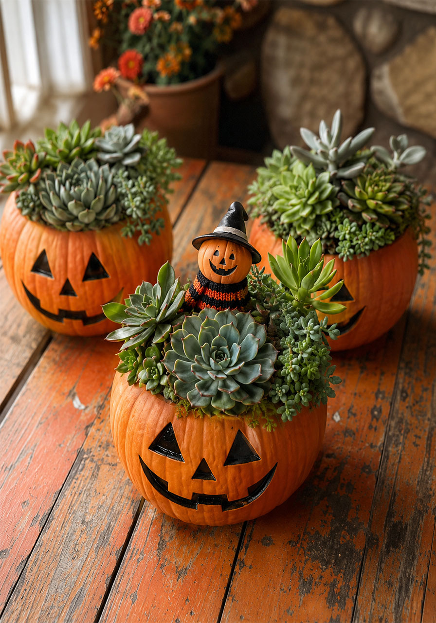 Jack-o'-lantern ideas: mini pumpkins used as succulent planters for a Halloween display