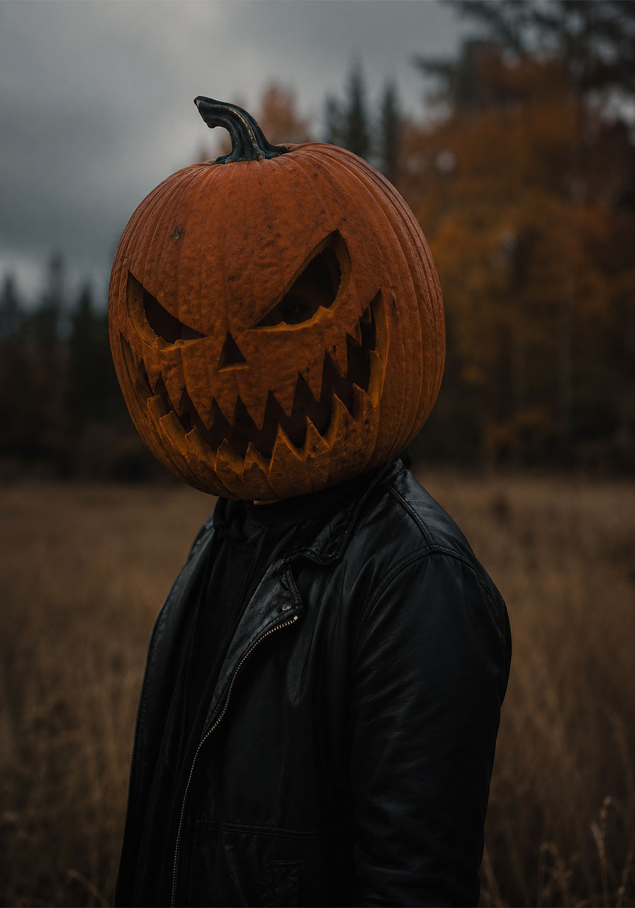Jack-o'-lantern ideas: dramatic wearable carved pumpkin head mask for Halloween costumes