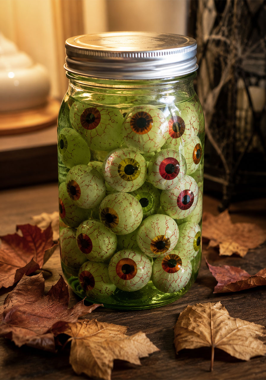 Jar of pickled Halloween eyeballs in green water party decoration