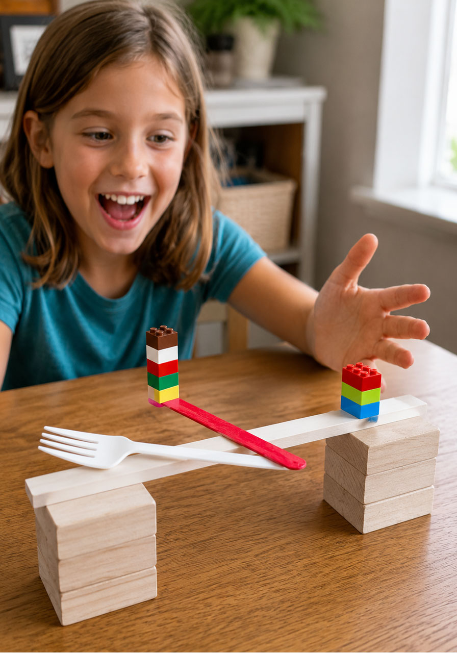 Child excited after successfully balancing an object on the STEM challenge dowel