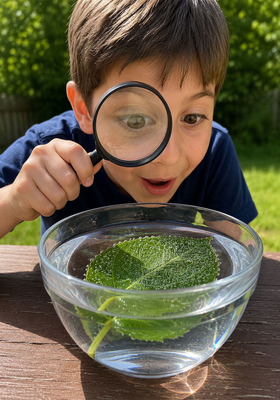 Child using magnifying glass to observe plant breathing experiment bubbles