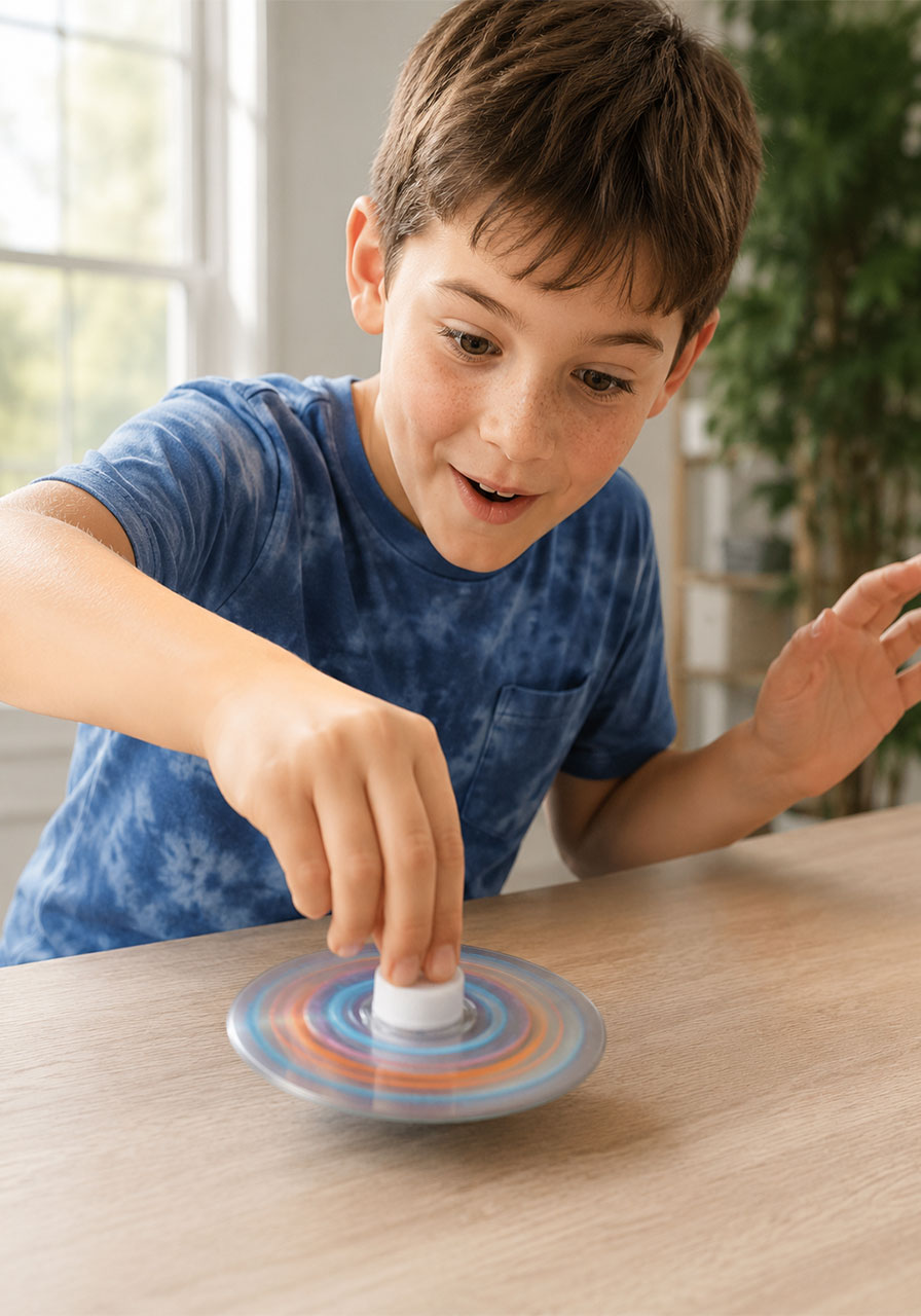 Child spinning a homemade CD top while exploring physics through STEM play